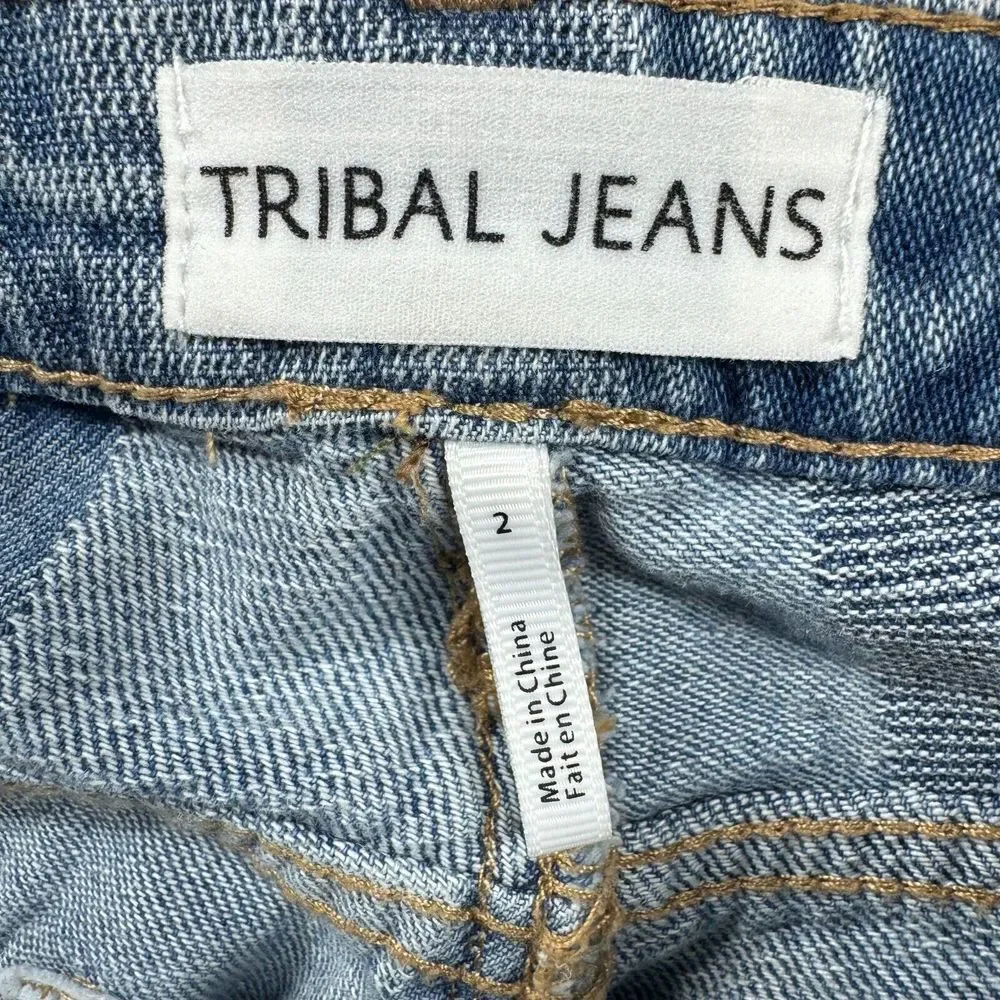 Tribal Jeans Womens 2 Audrey Mid Rise Straight Color Block‎ Denim Soft Crop Y2K - Picture 3 of 15